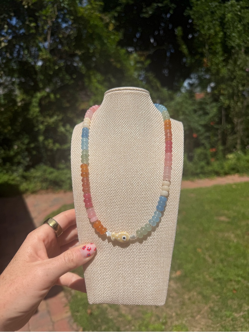 Handmade gemstone beaded fish necklace